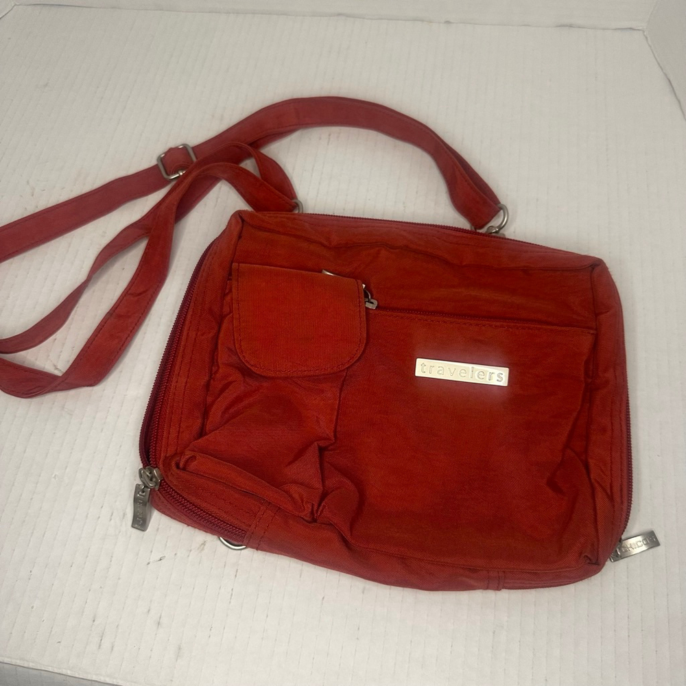 Chicos' Travelers Red-Orange Crossbody Bag Nylon w/ Pockets & Adjustable Straps